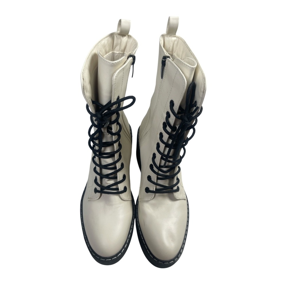Nine West Women's 8M Off White Lace Up Combat Boots Block Heel Side Zip